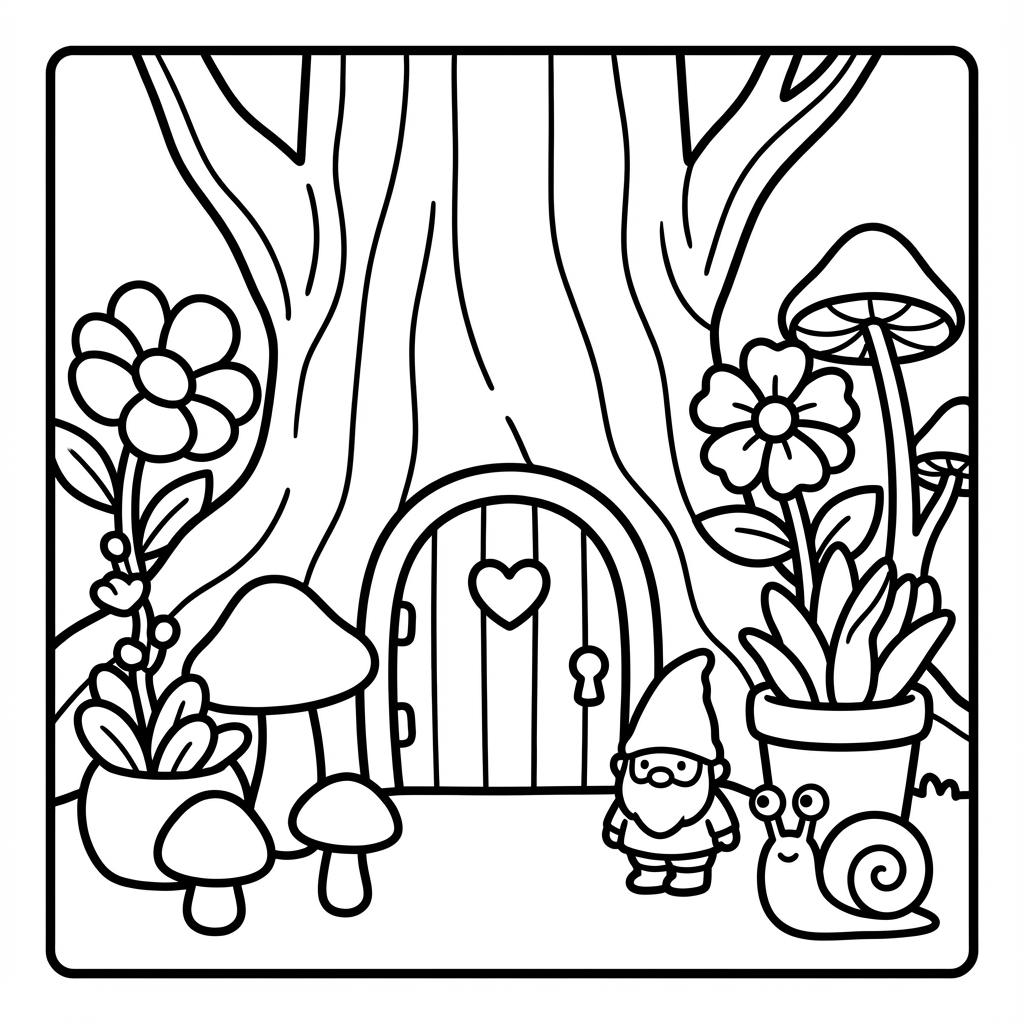 Gnome by a tree door with a snail, a beginner coloring pages design with large outline coloring pages.